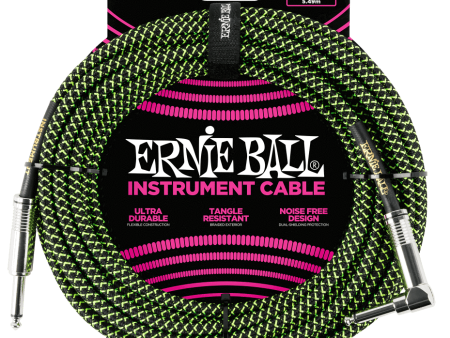 Ernie Ball P06082 Black Green Braided Right Angled Jack to Straight Jack Instrument Cable - 18 Feet (5.5 Metre) For Sale