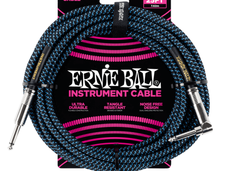 Ernie Ball P06060 Black Blue Braided Right Angled Jack to Straight Jack Instrument Cable - 25 Feet (7.6 Metre) For Sale